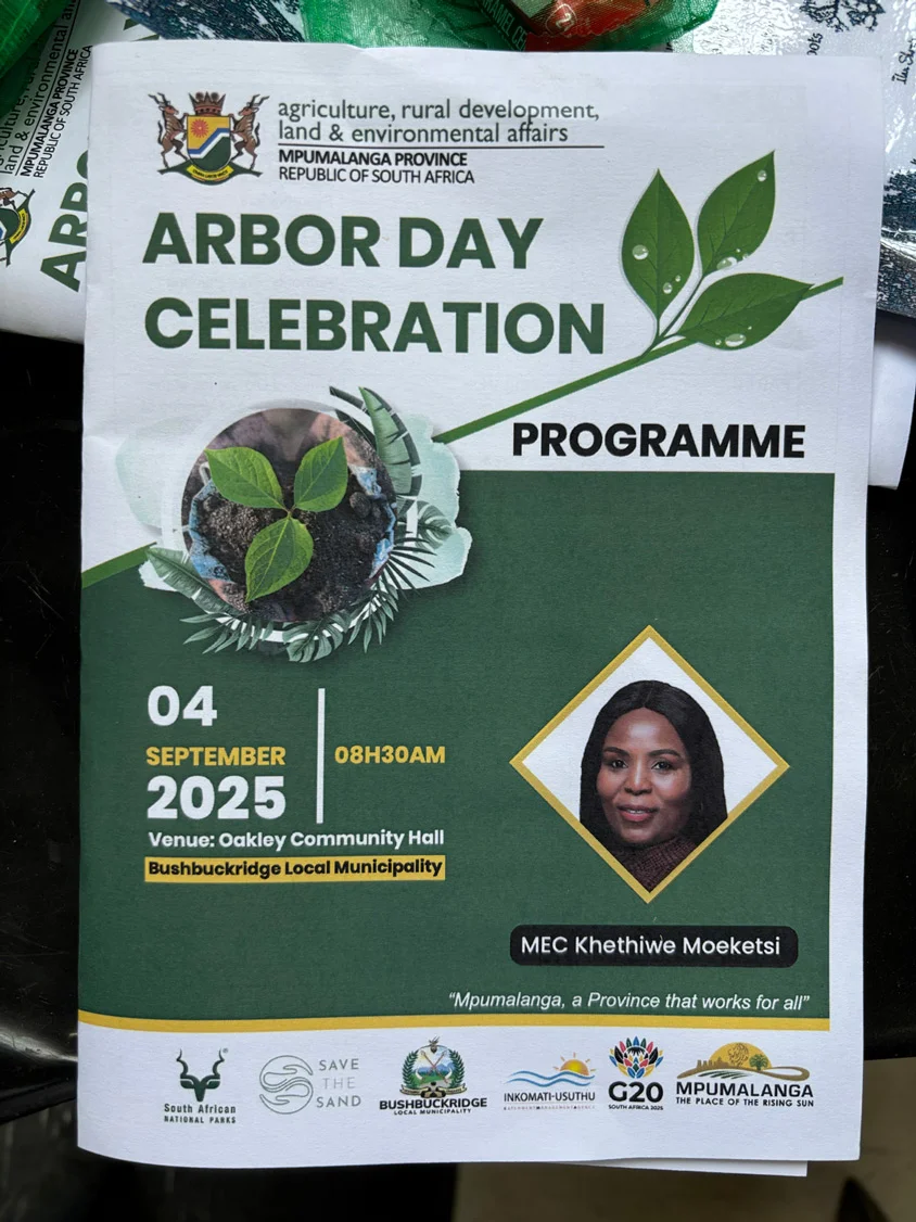 Cover of the official Mpumalanga Provincial Government Arbor Day Celebration Programme, 04 September 2025, at Oakley Community Hall, Bushbuckridge Local Municipality. Features MEC Khethiwe Moeketsi and partner logos including SANParks, Save the Sand, Bushbuckridge Local Municipality, Inkomati-Usuthu, G20 South Africa 2026, and Mpumalanga Province.